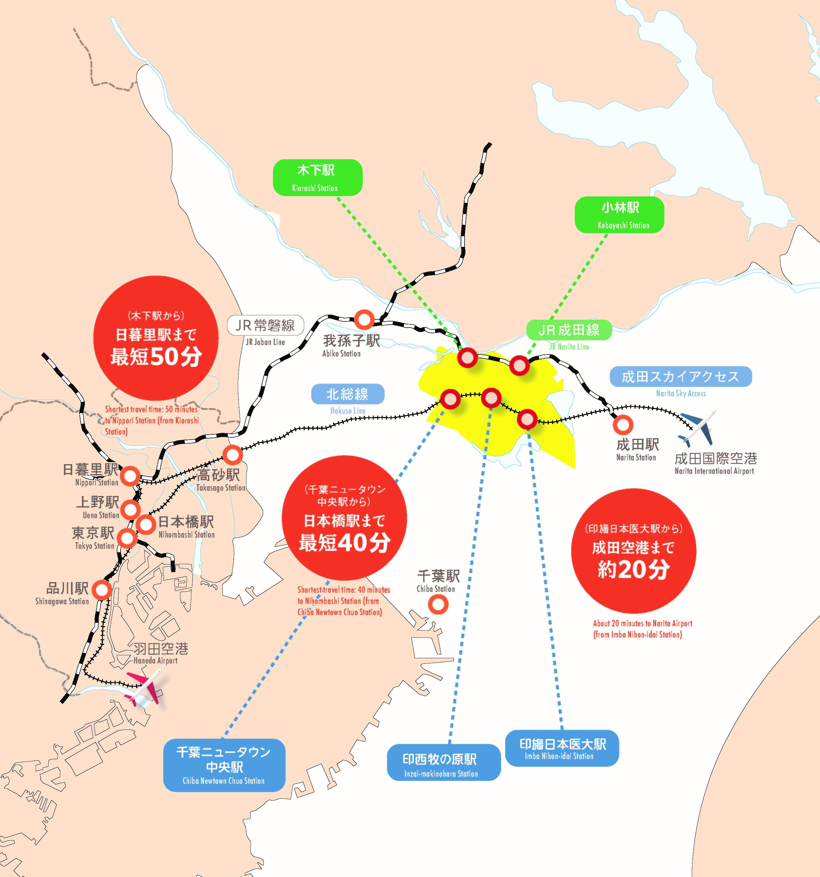 印西市の位置を首都圏40キロメートル、成田空港から約15キロメートル圏内としめした地図