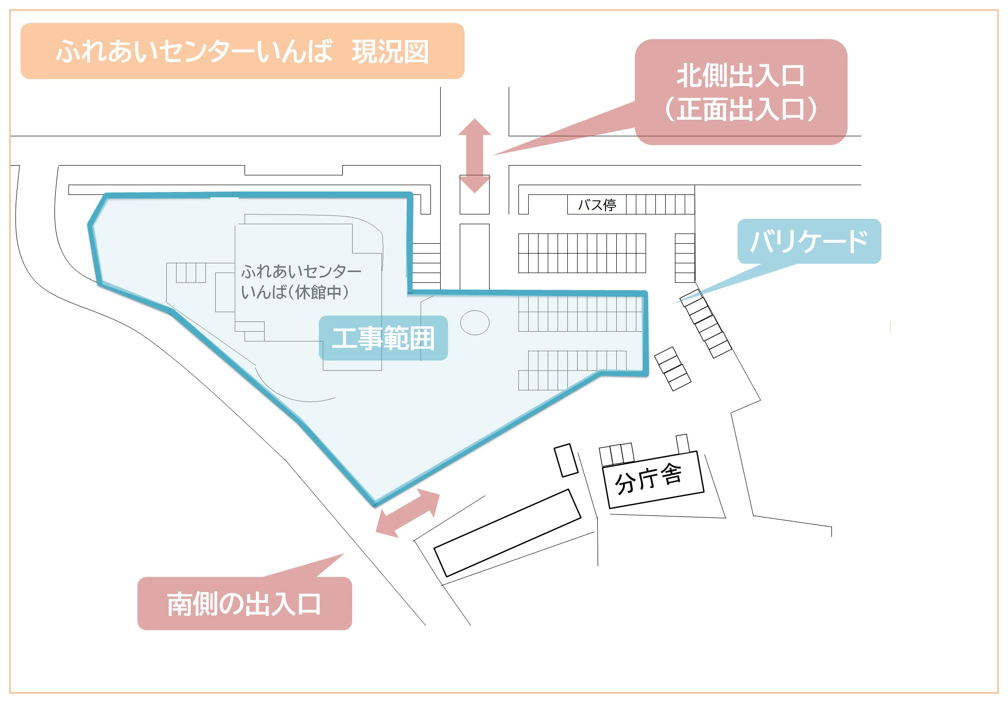 【令和7年12月現在】ふれあいセンターいんば 出入口とバリケード範囲について